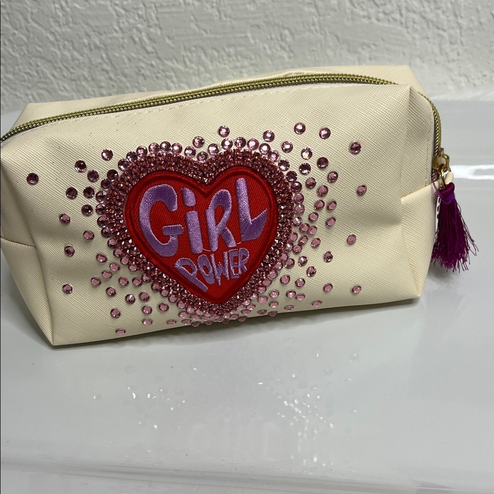 Cream Makeup Bag with Girl Power Crystal Design